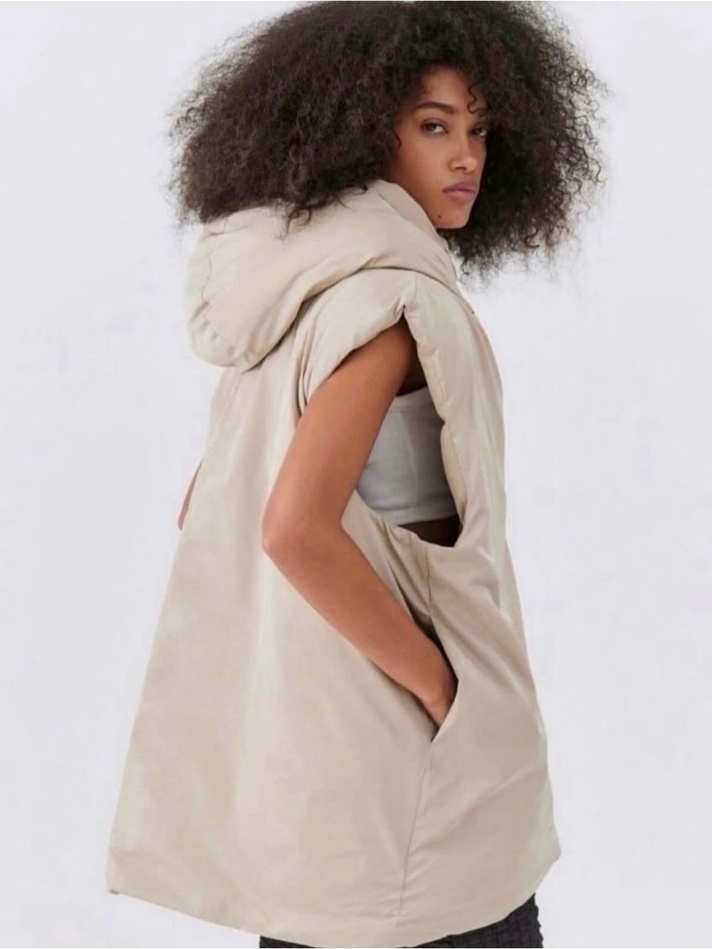 BDG Hooded Sleeveless Puffer Vest in Beige